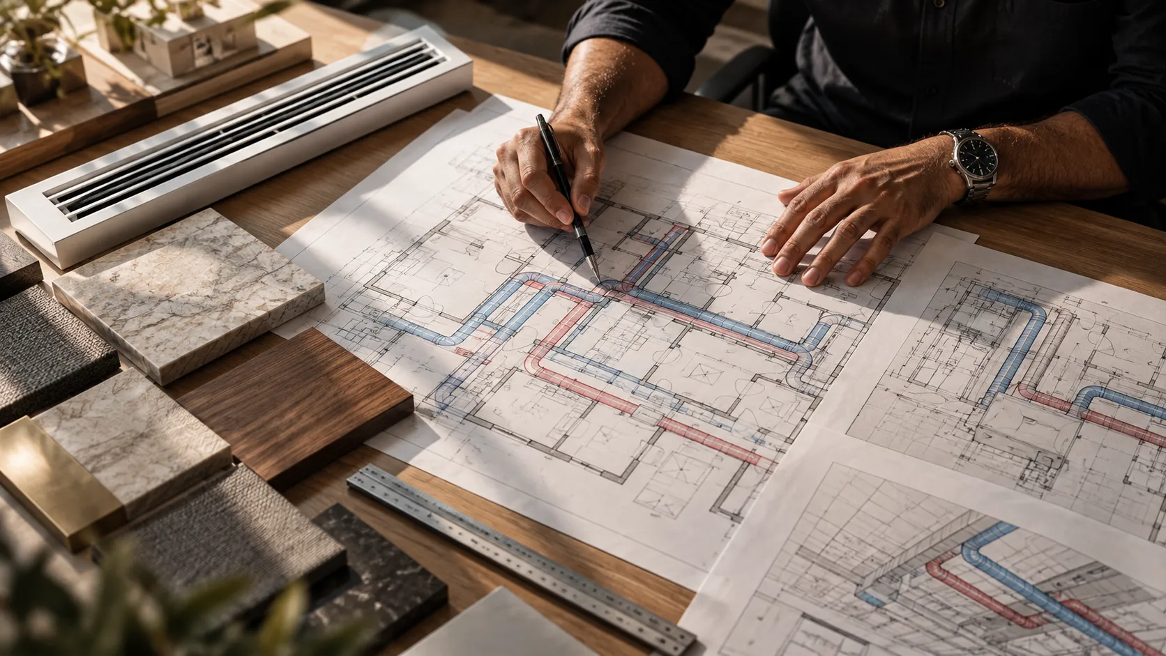 Hands marking up HVAC duct layouts on a floor plan, beside a ceiling vent grille and stone, wood and brass material samples
