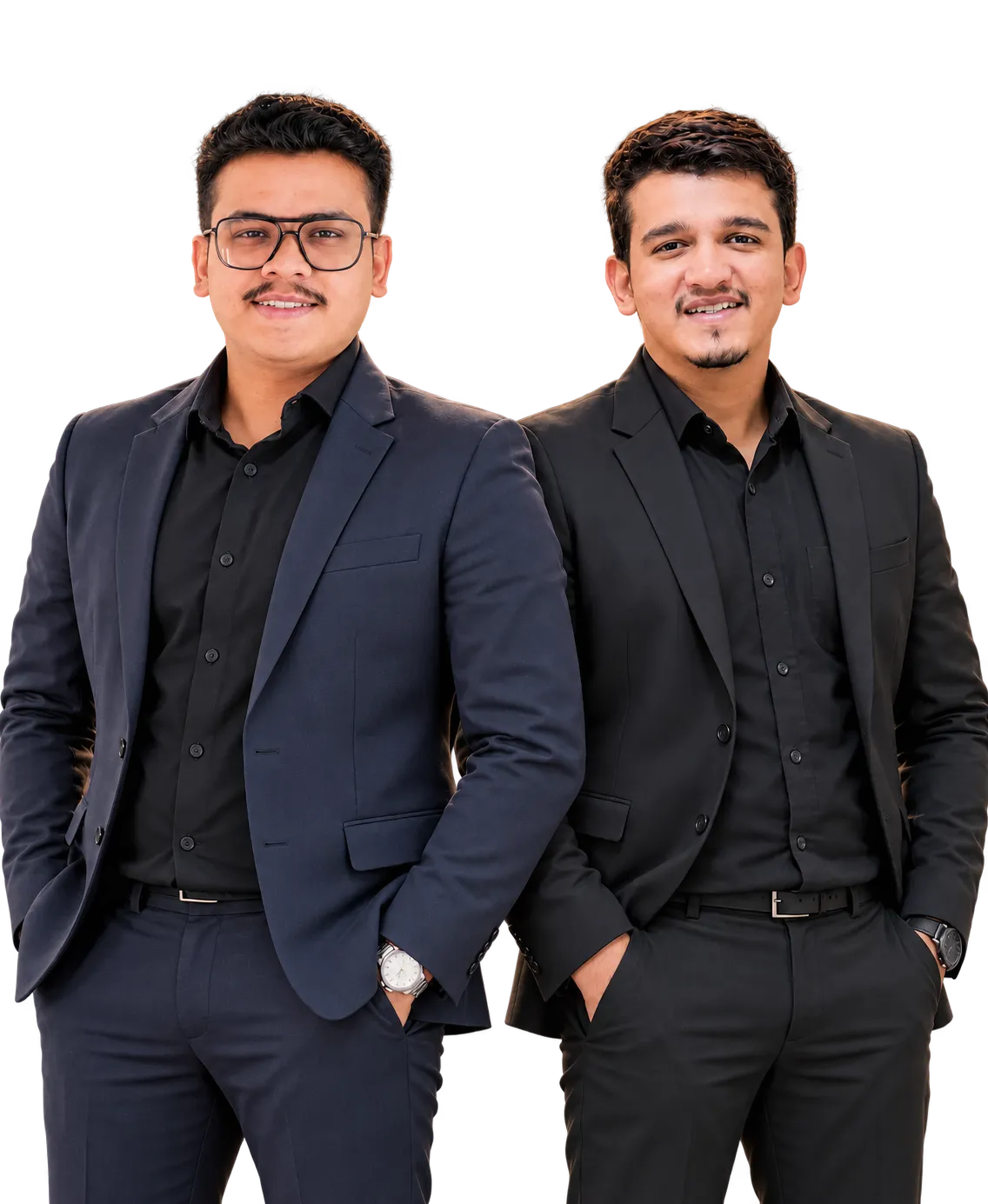 Het Dalwadi, left, and Krushang Dalwadi, right, the founders of Motion Crate Designs, in dark suits